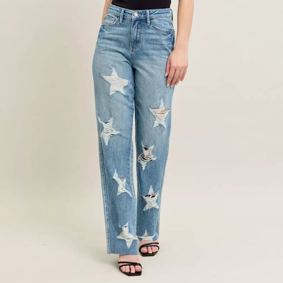 Judy Blue Full Size High Waist  Rigid Magic Star Shaped Destroy 90's Straight - Picture 1 of 14